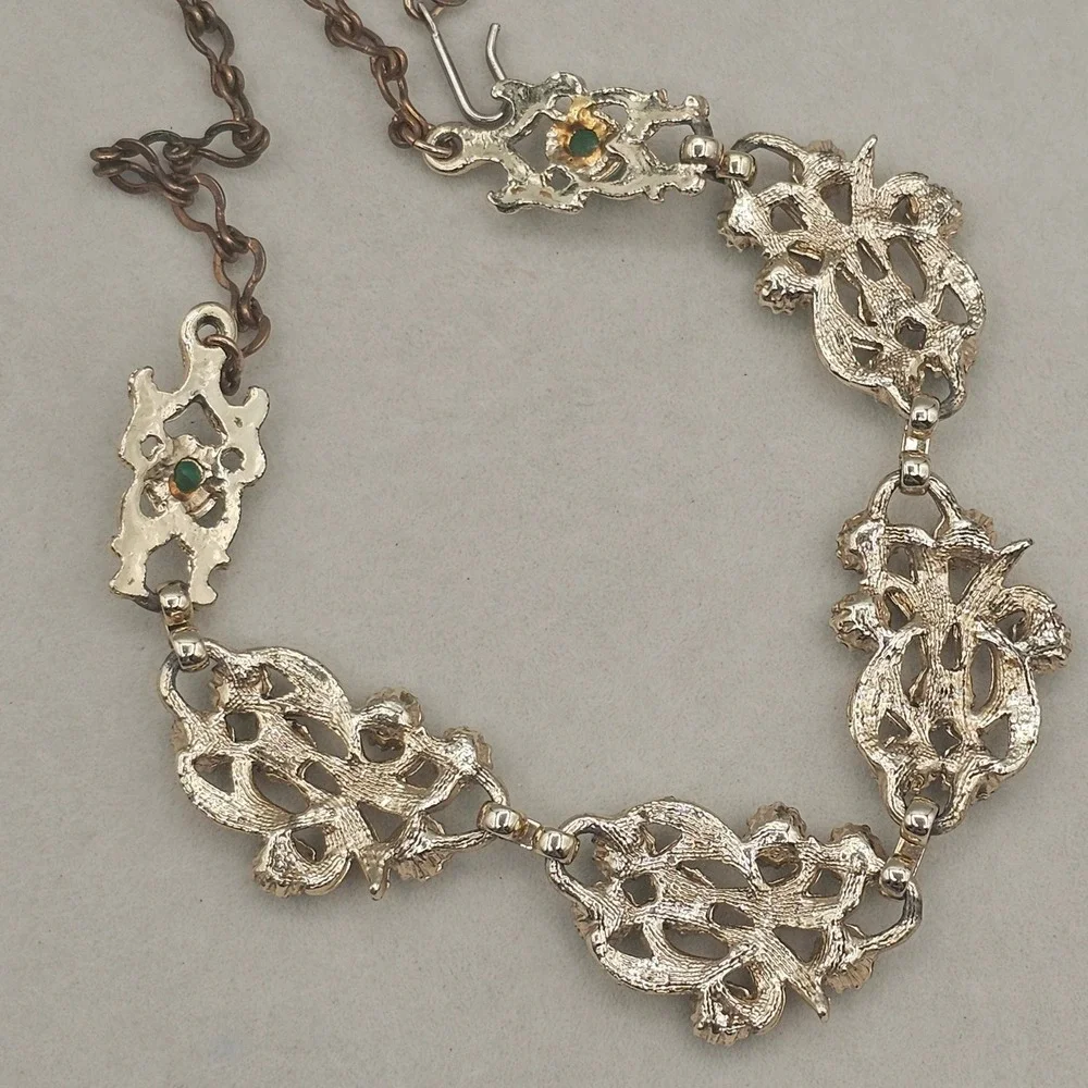 Vintage Necklace Gold Tone Green with Aurora Borealis Rhinestones